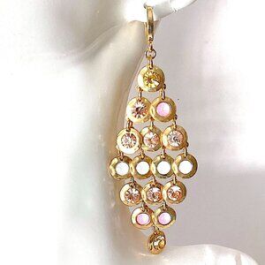 Big Chandelier Earrings, Gold Tone with Pink and White Rhinestones, Long Large